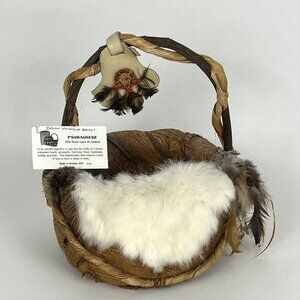 Native American Sioux Dream Gathering Handled Basket Woven Fur Feathers
